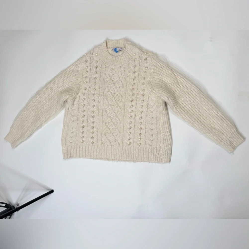 Pearl Cable Knit Sweater Tulle Puff Long Sleeves Top Blouse Relaxed Fit Jumper - Picture 11 of 17